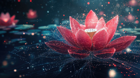 Indian lotus design surrounded by digital pixels and particles, with ample space for tech belief messages.の素材
