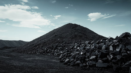 A heap of coal in the foreground with an open sky in the background, leaving space for copy.の素材
