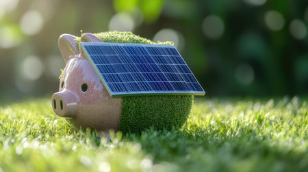 House in the shape of a piggy bank with solar panels on the roof, symbolizing energy efficiency and savings. Room for copy space.の素材