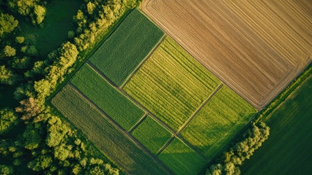 Aerial view of a rectangular land plot with highlighted boundaries and nearby fields, plenty of room for copy space.の素材