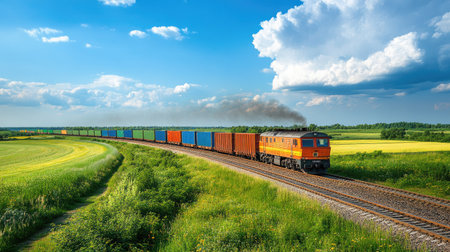 Freight train passing through a rural area, with ample space for logistics content or copy.の素材