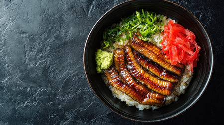 A Japanese donburi bowl with grilled eel, top view, leaving room for copy space.の素材