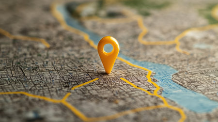 Top view of a travel map with a yellow pin indicating a marked location, surrounded by clean copy space for text.の素材