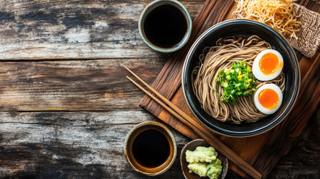 A traditional Japanese soba noodle dish, top view with room for copy space.の素材