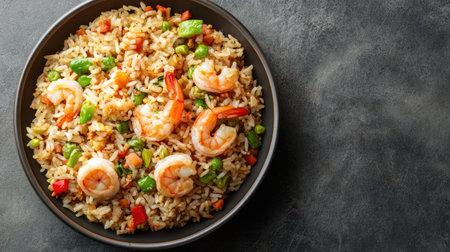 A top view of Chinese fried rice with shrimp and vegetables, leaving room for copy text.の素材