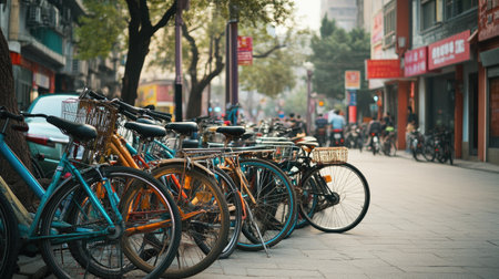 Bicycles parked on a busy Chinese street corner, leaving room for copy space in the background.の素材