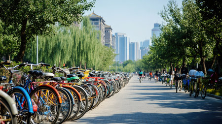 A bicycle lane filled with bikes in a Chinese city, leaving ample copy space in the skyの素材