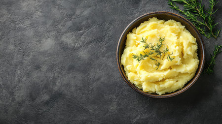 Rustic mashed potatoes served in a ceramic bowl, top view, with copy space available for text.の素材
