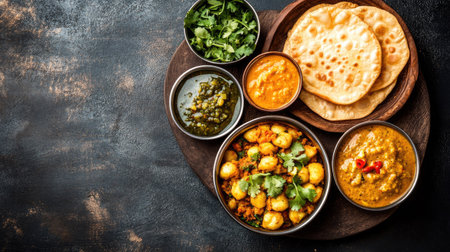 Indian breakfast set with poori, aloo sabzi, and chutneys, top view with ample copy space.の素材