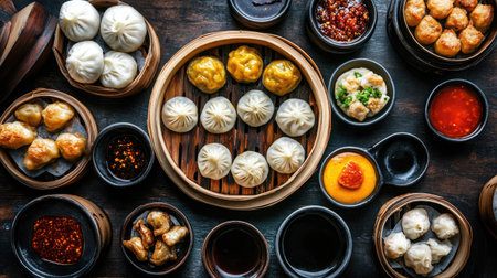 Top view of a dim sum platter with dumplings, buns, and sauces, leaving room for copy text.の素材
