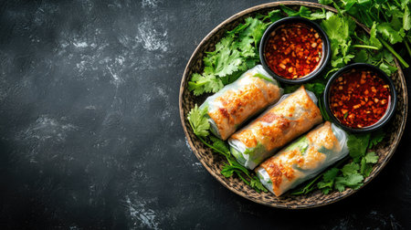 Top view of a Vietnamese spring roll platter with herbs and dipping sauce, leaving room for copy space.の素材