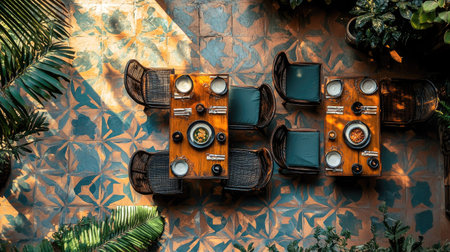 Top view of a South Asian restaurant's rooftop dining area, no people, with space for copy.の素材
