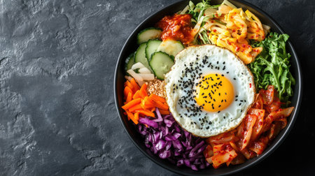 Top view of a Korean bibimbap bowl with egg and vegetables, leaving room for copy space.の素材