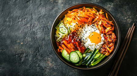 Top view of a Korean bibimbap bowl with vegetables and rice, leaving room for copy text.の素材
