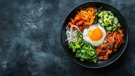 Top view of a plate of Korean bibimbap with various toppings, leaving space for copy text.の素材