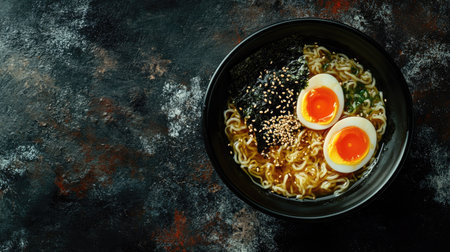 Top view of a bowl of ramen with egg, seaweed, and noodles, garnished with sesame seeds, leaving room for copy space.の素材