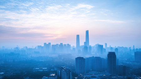 The skyline of a modern Chinese city with cell towers and skyscrapers, leaving room for copy space.の素材