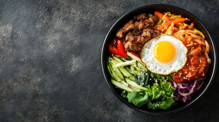 Top view of a Korean bibimbap bowl with egg and vegetables, leaving room for copy space.の素材