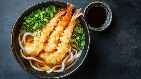 Top view of a bowl of udon noodles with shrimp tempura, leaving room for copy spaceの素材