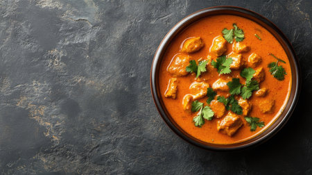 Top view of Indian masala butter curry in a traditional dish, garnished with cilantro, and room for copy space.の素材