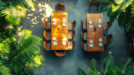 Top view of a South Asian restaurant's outdoor dining area, no people, with space for copy.の素材