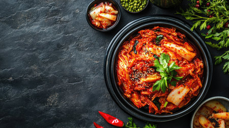 Top view of a traditional Korean side dish platter with kimchi and pickled vegetables, leaving space for copy text.の素材