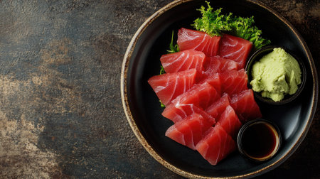 Top view of a platter of sashimi with soy sauce and wasabi, leaving ample copy space.の素材