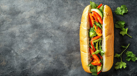 Top view of a Vietnamese banh mi sandwich with herbs and vegetables, leaving room for copy space.の素材