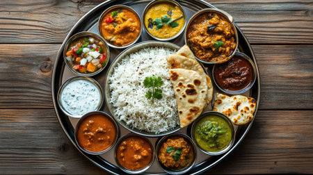 Top view of a traditional Indian thali set with various curries, rice, and naan, leaving room for copy space.の素材