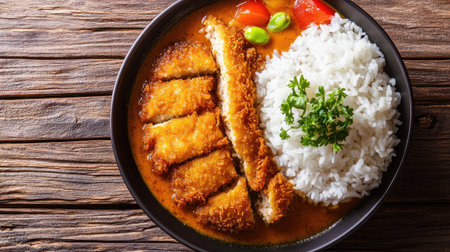 Top view of a Japanese katsu curry dish with rice, leaving room for copy space.の素材