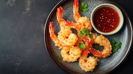 Top view of a plate of shrimp tempura with dipping sauce, leaving space for copy text.の素材