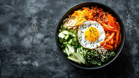 Top view of a Korean bibimbap bowl with egg and vegetables, leaving room for copy space.の素材