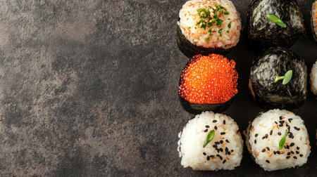 Top view of Japanese onigiri rice balls with fillings, leaving room for copy space.の素材