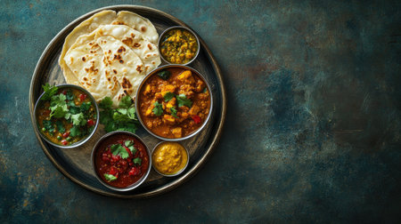 Top view of a vegetarian Indian food platter with curry, dal, and chapati, with space for copy.の素材