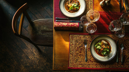 Top view of a traditional South Asian restaurant table set for two, no people, with room for copy space.の素材