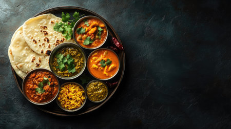 Top view of a vegetarian Indian food platter with curry, dal, and chapati, with space for copy.の素材