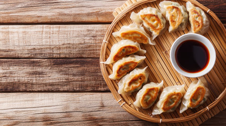 Top view of dumplings with dipping sauce, arranged on a bamboo mat, leaving space for copy text.の素材