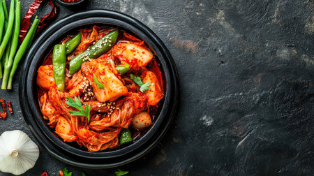 Top view of a traditional Korean side dish platter with kimchi and pickled vegetables, leaving space for copy text.の素材