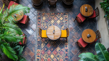 Top view of a South Asian restaurant's outdoor dining area, no people, with space for copy.の素材