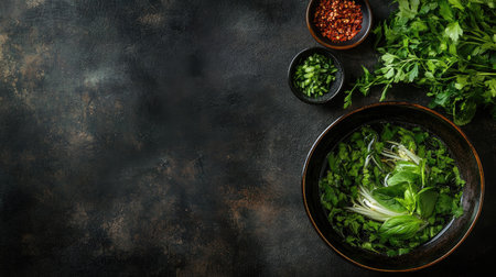 Top view of a traditional Vietnamese pho bowl with herbs, leaving space for copy text.の素材