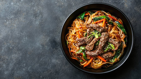 Top view of Korean japchae noodles with vegetables and beef, leaving space for copy text.の素材