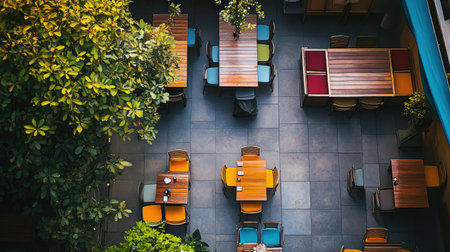 Top view of a South Asian restaurant's rooftop dining area, no people, with space for copy.の素材