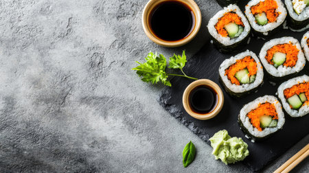 Top view of fresh sushi rolls with soy sauce and wasabi, leaving ample room for copy space.の素材