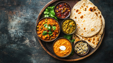 Top view of a vegetarian Indian food platter with curry, dal, and chapati, with space for copy.の素材