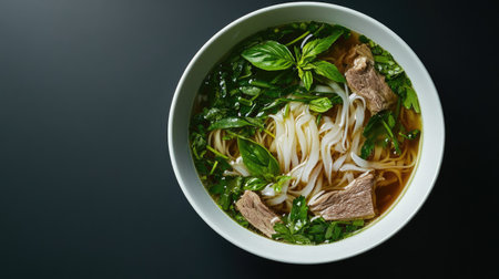 Top view of a Vietnamese pho bowl with noodles and herbs, leaving space for copy text.の素材