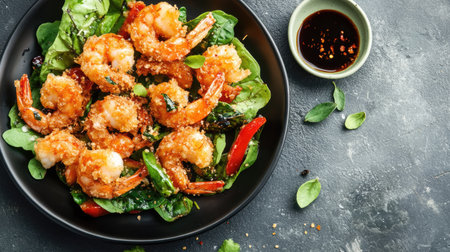Top view of crispy tempura shrimp and vegetables on a plate, leaving plenty of copy space.の素材