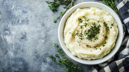 Top view of creamy mashed potatoes in a white bowl, garnished with herbs, and plenty of clean copy space.の素材