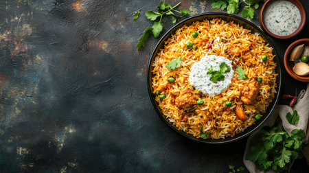 Top view of Indian biryani served with raita, and ample room for copy space.の素材