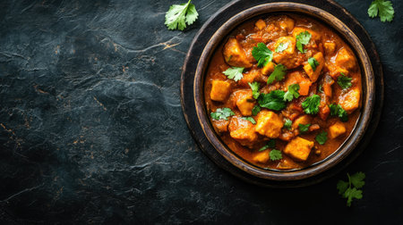 Top view of Indian masala butter curry in a traditional dish, garnished with cilantro, and room for copy space.の素材