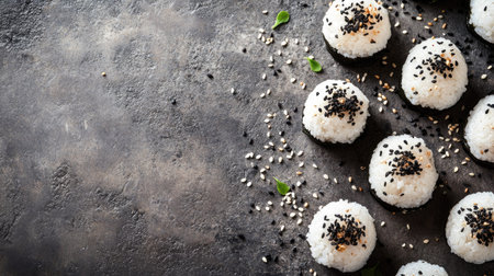 Top view of Japanese onigiri rice balls with fillings, leaving room for copy space.の素材